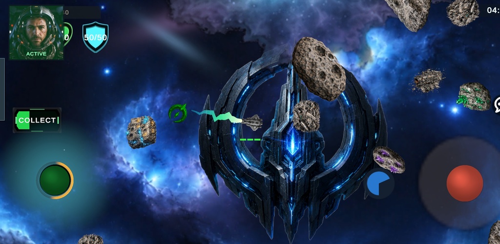 STARJACKERS gameplay near a blue ancient structure and asteroids