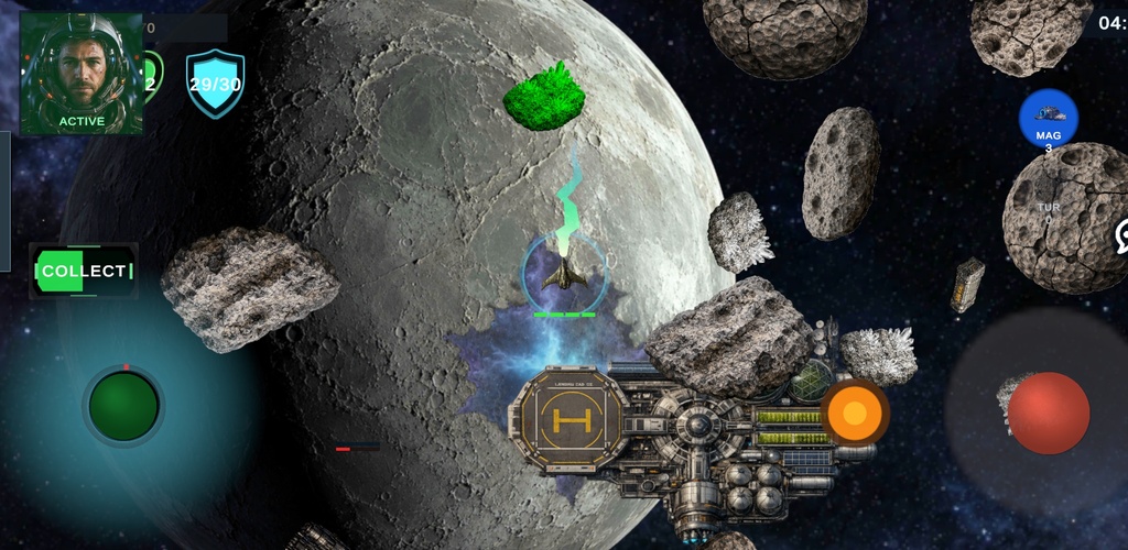 STARJACKERS gameplay near a grey moon, asteroids and a station