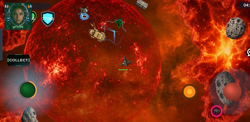 STARJACKERS gameplay in a red fire nebula with asteroids and enemies