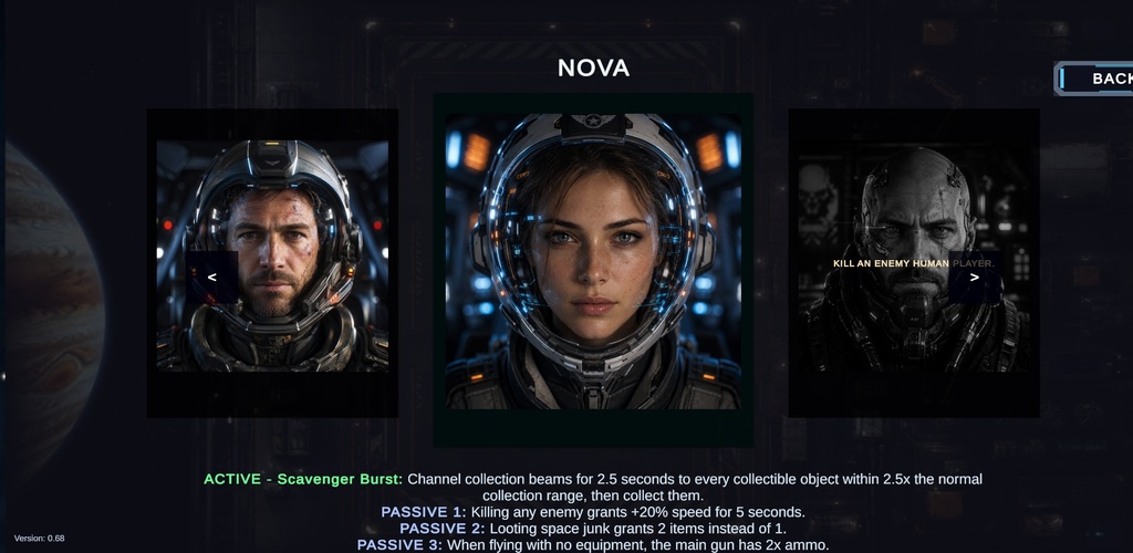 STARJACKERS pilot selection screen with Nova in the center