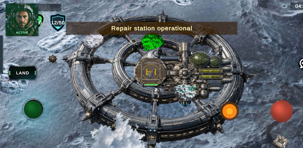 STARJACKERS gameplay landing at a repair station over an icy moon