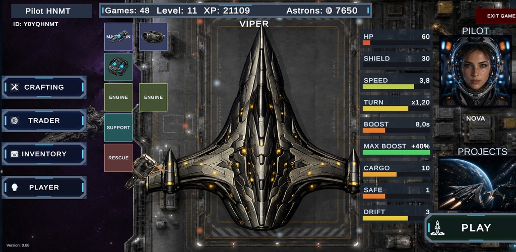 STARJACKERS hangar screen with the Viper ship and pilot stats