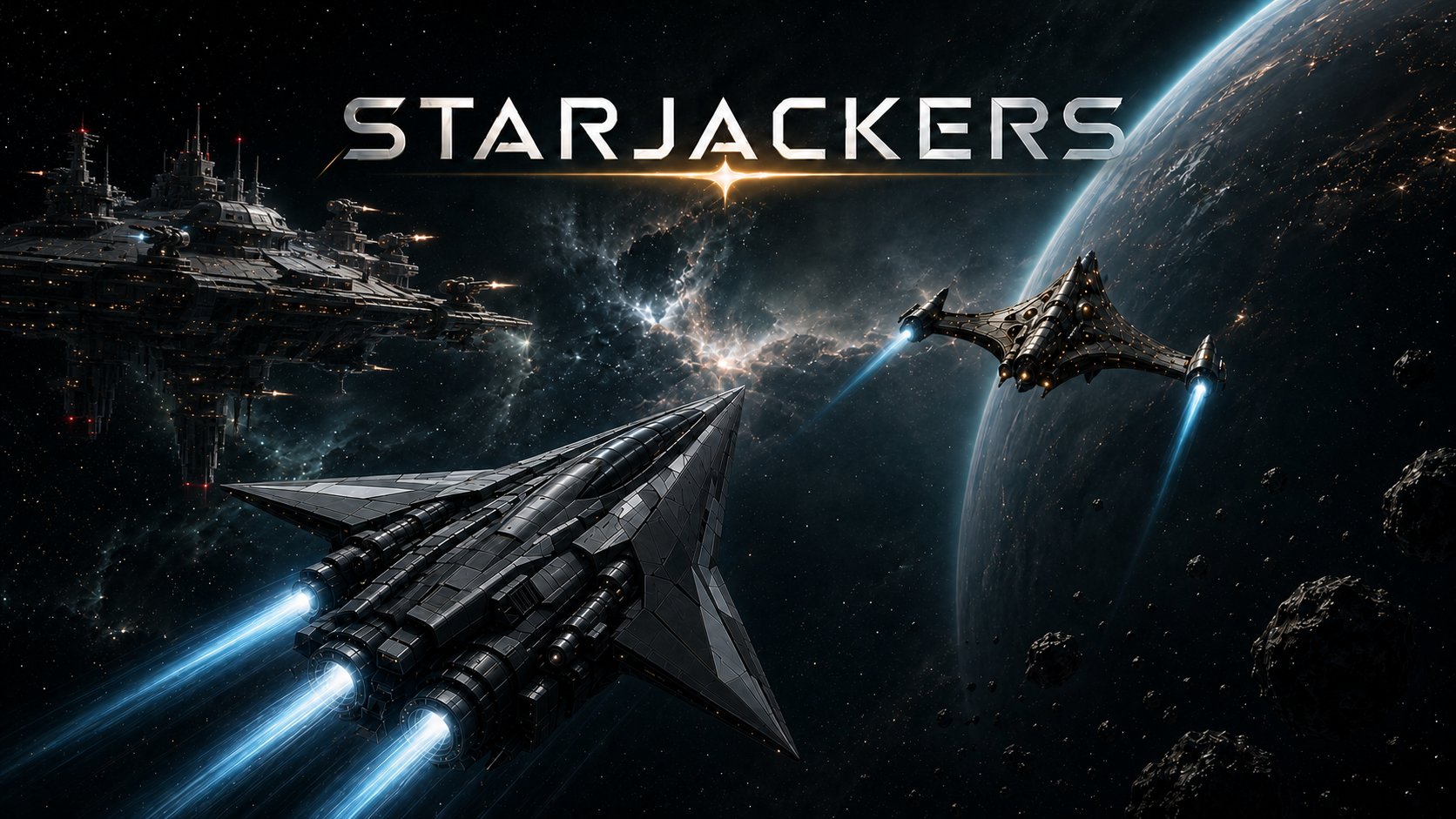 STARJACKERS fleet flying over a planet and asteroid field